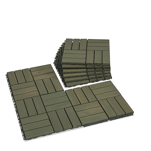 Acacia Wood Flooring Interlocking Deck Tiles for Patio Decor 9 Pcs 12 Slats VR Muted Green - Waterproof Indoor & Outdoor Decor - Balcony Garden Decking Tile (12.2 * 12.2 * 0.7 inches)