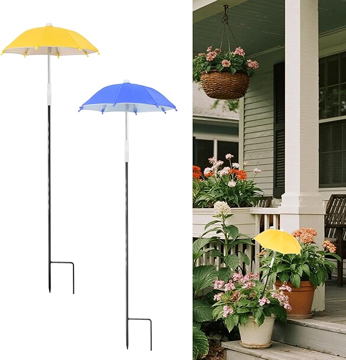 2 PCS Mini Plant Umbrellas, 10.6 Inch Diameter Small Mini Adjustable Height (23.2-31.1 Inch) Shade Umbrella for Outdoor Potted Plants Garden Bed Flower Pot Decor, Blue and Yellow