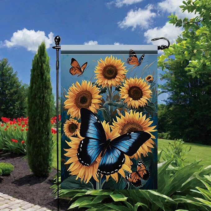 Sunflower Butterfly Garden Flag 12x18 Inch Double Sided Outdoor Yard Banner Blue and Orange Butterfly with Sunflowers for Spring Summer Patio Porch Lawn Home Decoration