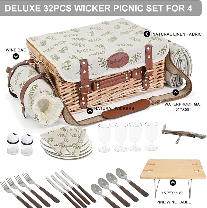 Multifunctional Wicker Picnic Basket Set for 4 with Blanket and Picnic Table, Insulated Picnic Set with Full Tablewares for Camping Outdoor Couples,Leaf