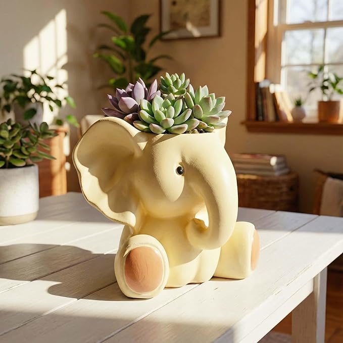 Small Plant Container | Unique Resin Flower Pot Sculpture | Succulent Flower Pot | White Elephant Gifts for Women | Perfect Plant & Elephant Gifts | Indoor & Outdoor Use (White)