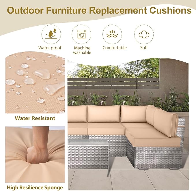 Outdoor Replacement Cushions for Patio Furniture,14-Piece Patio Water-Resistant Replacement Sofa Cushions,Fits 6-seat Sectional Rattan Conversation Set,Liner&Cover (Beige)