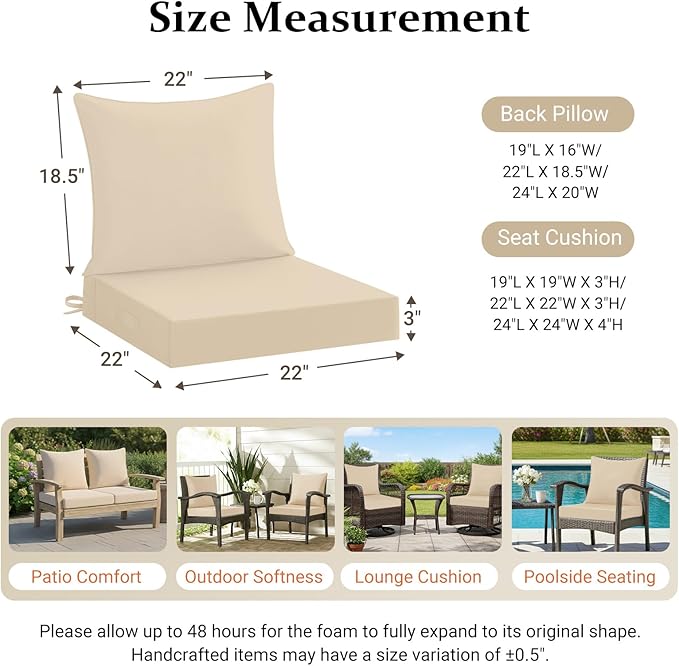 downluxe 22x22 Outdoor Chair Cushions, Waterproof Fade Resistant Patio Furniture Cushions with Handle & Removable Cover, Deep Seat Outdoor Cushions for Sofa, Couch and Patio Chairs, Beige