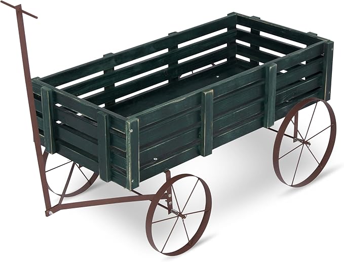 Shine Company Decorative Buckboard Wagon Garden Planter, Wooden Wagon Yard Décor for Outdoor Plants, Green