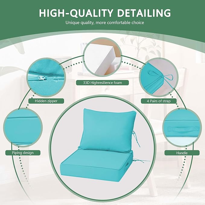 Outdoor Chair Cushions 4 Set,24 x 24 x 5IN, Patio Deep Seat Cushion for Patio Furniture, Waterproof & Fade Resistant Thick Deep Seating Pads for Outside Wicker Ratten Chair Sofa Couch,Lake Blue