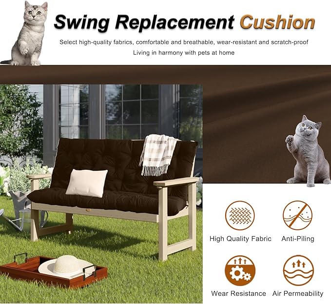 2-3 Seat Swing Replacement Cushion, Outdoor Bench Cushions with Backrest Thicken 4", Patio Furniture Garden Porch Loveseat Glider Pad Anti-Fading Waterproof (Brown, 40x40in)