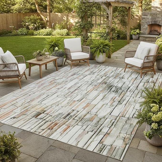 Natural Rustic Brick Stone Wall Pattern Outdoor Rug 6x9 Beige Grey Distressed Stones Texture Waterproof Large Area Rug for Patio Deck Porch Balcony Backyard Camping Washable Foldable Thin Carpet Mat