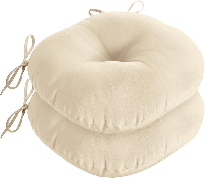 downluxe Bistro Chair Cushions for Patio Furniture, Water-Resistant Round Outdoor Chair Cushions Set of 2 with Non-Slip Ties, 15" x 15", Beige
