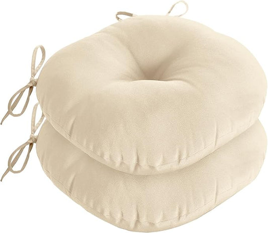 downluxe Bistro Chair Cushions for Patio Furniture, Water-Resistant Round Outdoor Chair Cushions Set of 2 with Non-Slip Ties, 15" x 15", Beige