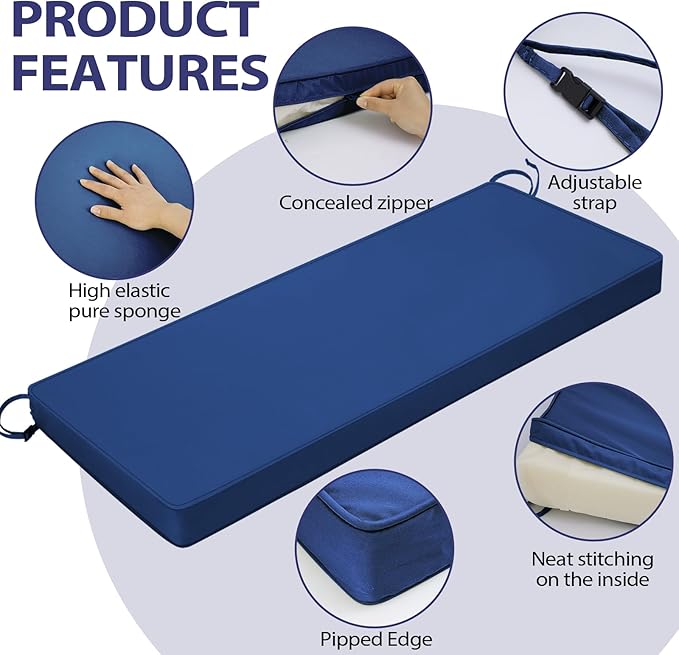 Outdoor Bench Cushion 48x18x3 Inch with Ties, Thick Waterproof Porch Swing Cushions for Patio Furniture Chair Pad, Seat Sofa Garden Replacement Cushion Sponge Filling