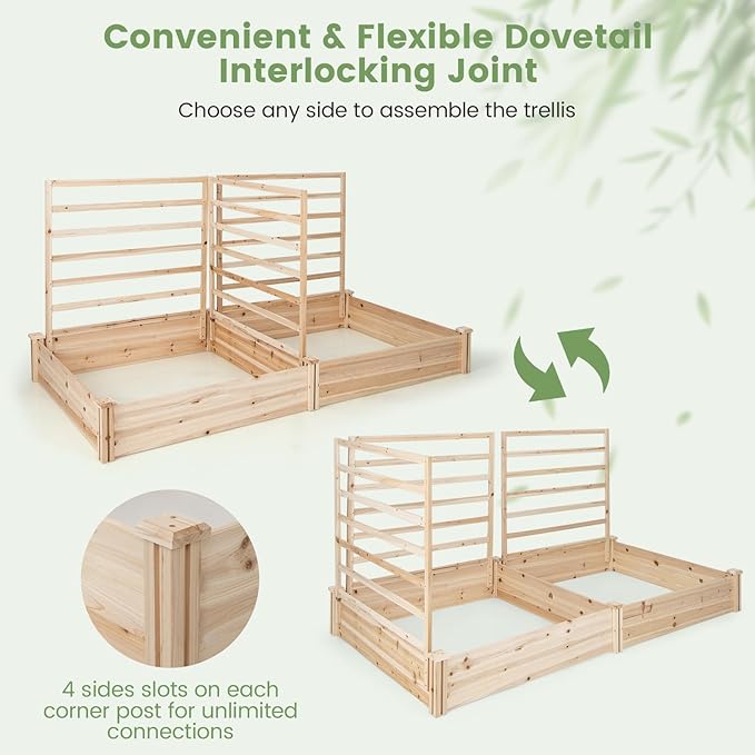 Giantex Raised Garden Bed with 3 Trellises, 88"L x 45"W x 43"H, Set of 2 Wood Planter Box for Vegetables Flowers Herbs Fruits Climbing Plants Cucumber, Easy Assembly, Outdoor Rectangular Raised Beds