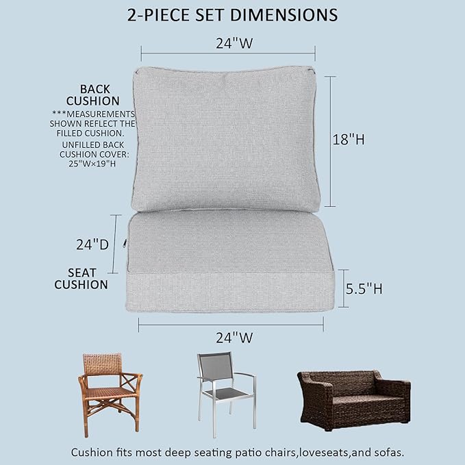 24x24 Inch Outdoor Deep Seat Cushions Set of 2,Thick High-Density Foam, Water-Resistant, Piped Edges & YKK Hidden Zipper for Patio Furniture,Stone Gray