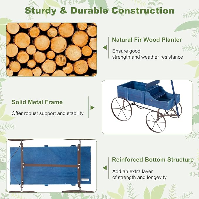 Wooden Wagon Planter, Decorative Garden Wheelbarrow Planter with 2 Planting Sections, Rolling Wheels, Adjustable Handle, Small Wagon Cart Planter Stand for Flowers Vegetables Herbs (Blue)