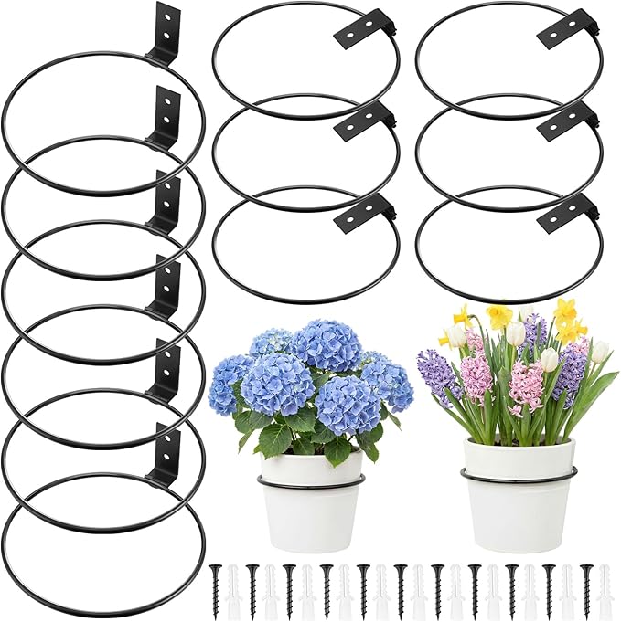 Menkxi 12 Pcs 10 Inch Flower Pot Holder Wall Planter Ring Hanger Metal Wall Plant Hanging Pot Holder Mounted Hanging Bracket for Indoor Outdoor Home Garden Plant Flower Display, Black