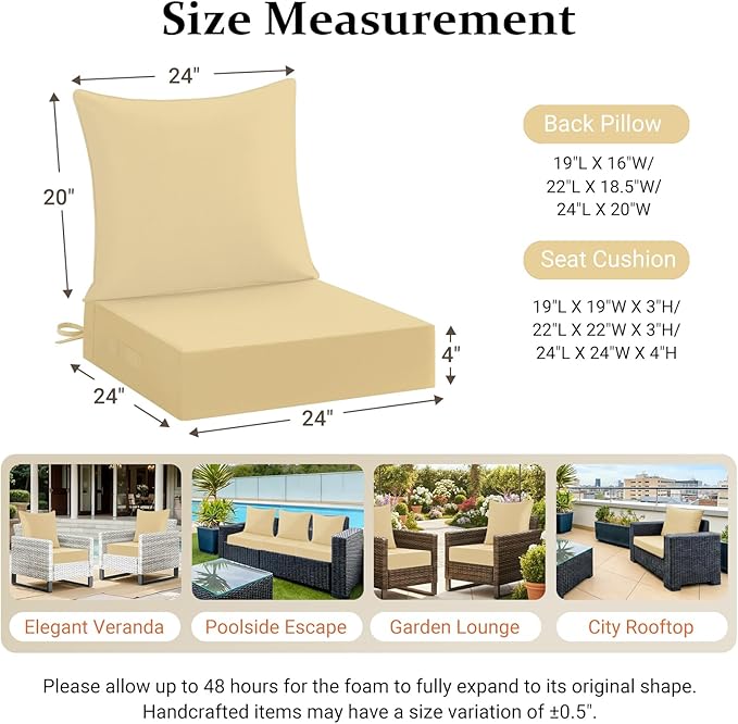 downluxe 24x24 Outdoor Chair Cushions, Waterproof Fade Resistant Patio Furniture Cushions with Handle & Removable Cover, Deep Seat Outdoor Cushions for Sofa, Couch and Patio Chairs, Khaki