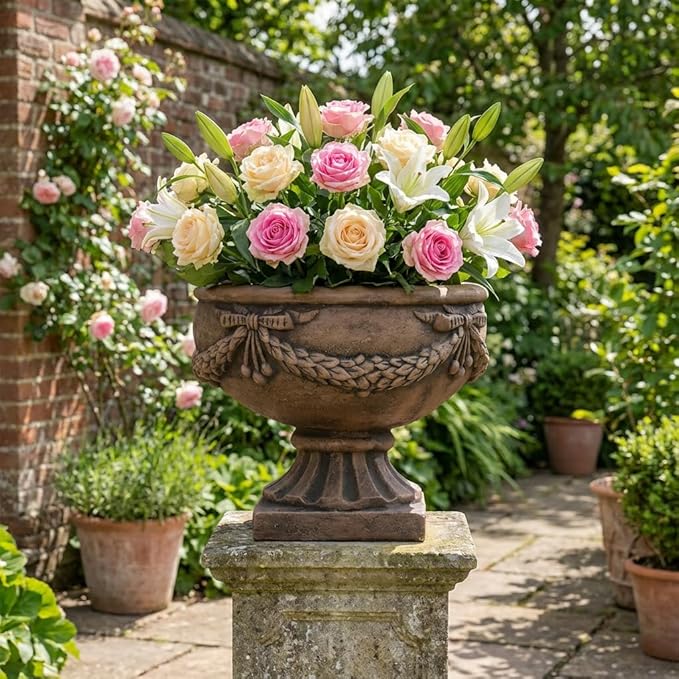 17 Inch Vintage Plant Pot for Plants, Embossed Design Durable and Sturdy Resin Fiber Flowerpots with Drainage Hole, Decorative Orchid Houseplant Pot Indoor Outdoor Plant Container