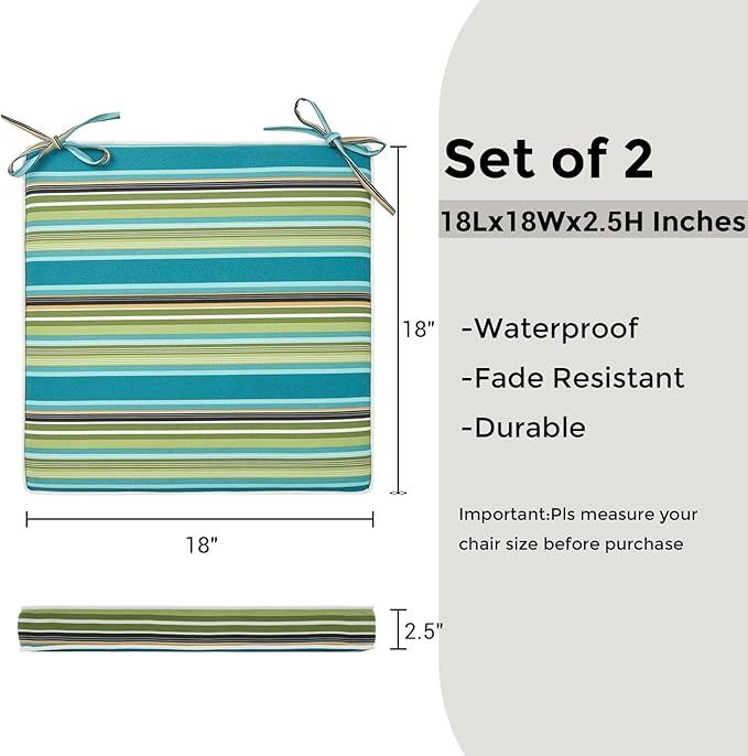 FUNHOME Outdoor Chair Cushions 18"x18"x2.5" Set of 2,Water Resistant Patio Chair Cushion with Zipper&Ties,18x18 Inch Replacement Square Seat Cushion for Garden Chairs(Green Stripe)