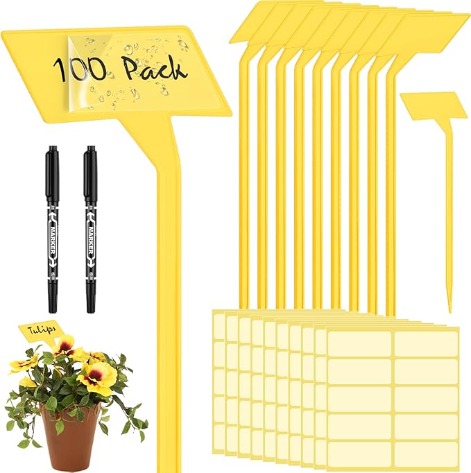 202 Pcs Large Plant Labels Kit, Include 100 Outdoor Plastic Plant T Type Tags Waterproof Reusable Plant Markers Stakes, 100 PET Films and 2 Marker Pens for Garden Herbs Flowers Pot (Yellow, 11.8 Inch)
