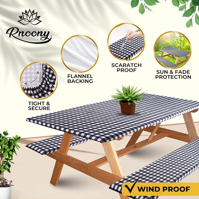 RNOONY 6ft Polyester Picnic Table Cover with Bench Covers Windproof & Waterproof Tablecloth, Perfect for Camping Gifts & RV Essentials, Cool Camping Gadgets with Carrying Bag, 72x30 Inches,4Pcs,Black
