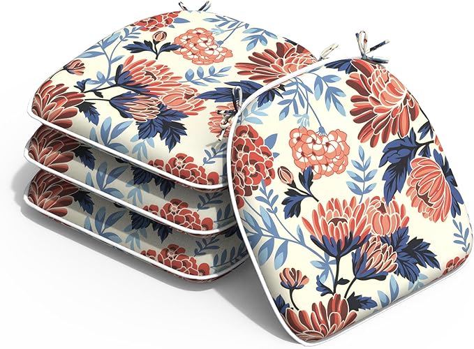 Outdoor 16"x17" Chair Pads Set of 4, Water Resistant Patio Chair Cushions with Ties, Seat Cushions for Home Garden Furniture Decoration, Red Chrysanthemum