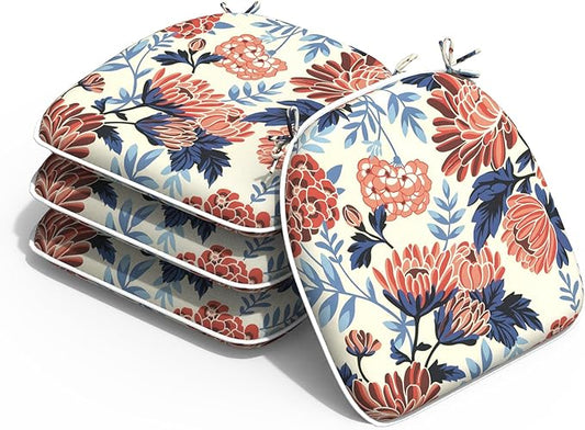 Outdoor 16"x17" Chair Pads Set of 4, Water Resistant Patio Chair Cushions with Ties, Seat Cushions for Home Garden Furniture Decoration, Red Chrysanthemum
