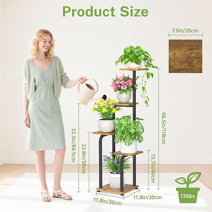 iDavosic.ly Tall Plant Stand Indoor, 4 Tier Corner Multiple Flower Holder Shelf with Wooden Trays, Space Saving Display Rack for Living Room Balcony Patio Porch Outdoor | Black & Brown