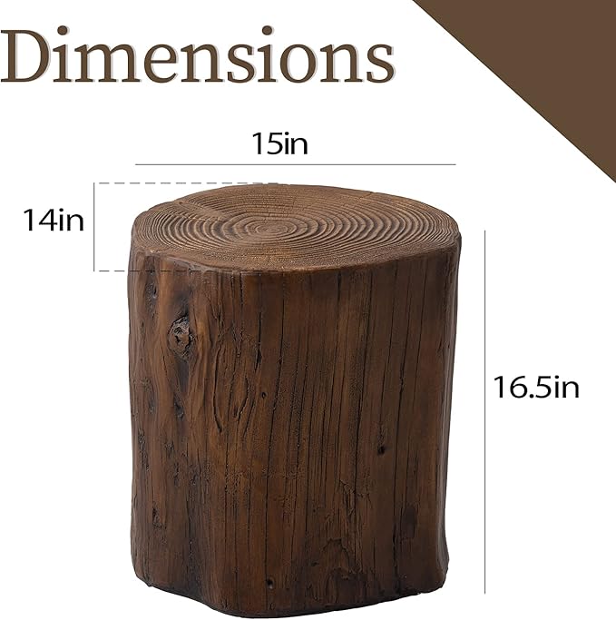 COSIEST Outdoor End Table Black Walnut Colored Faux Wood, Hand-Painted Wood Stump Stool, Ottoman or Plant Stand, Deck or Garden