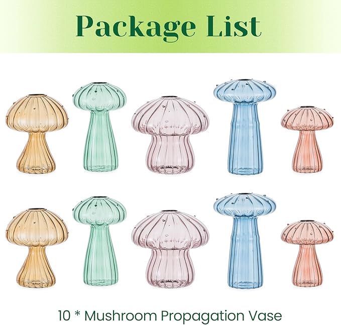 Hewory Glass Mushroom Propagation Stations: Set of 10 Unique Propagation Jars Glass Planter for Indoor Plants Home Decor - Colorful Mushroom Vase Christmas Birthday Gifts for Plant Lovers Women Girls