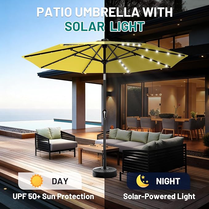 AreShark 9FT Patio Umbrella with Solar Lights, 32 LED Lighted Pool Umbrella w/Tilt and Crank, Outdoor Market Solar Umbrellas for Garden, Deck, Backyard, Pool and Beach, Yellow