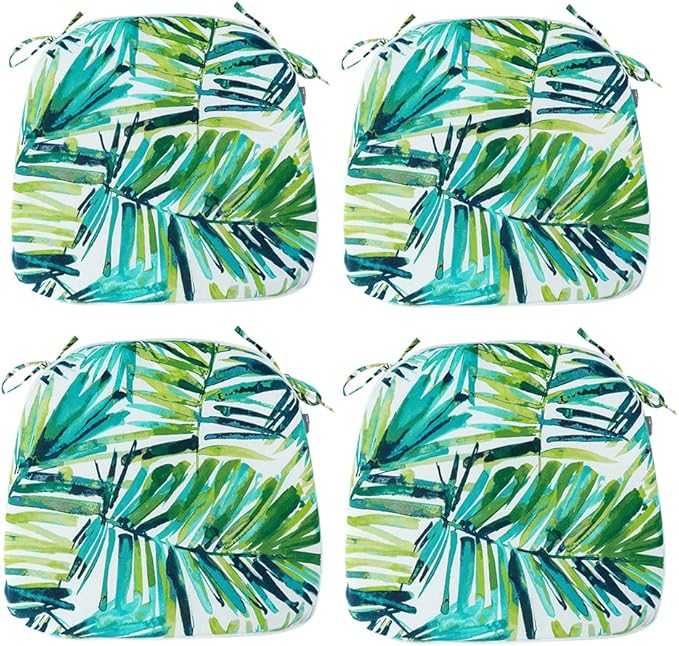 Magpie Fabrics 17"x16"x2" U-Shape Chair Cushions with Ties 4 Count, Outdoor Indoor Waterproof All Weather Seat Pads Decoration for Patio Garden Dining Office - Green Palm Leaves