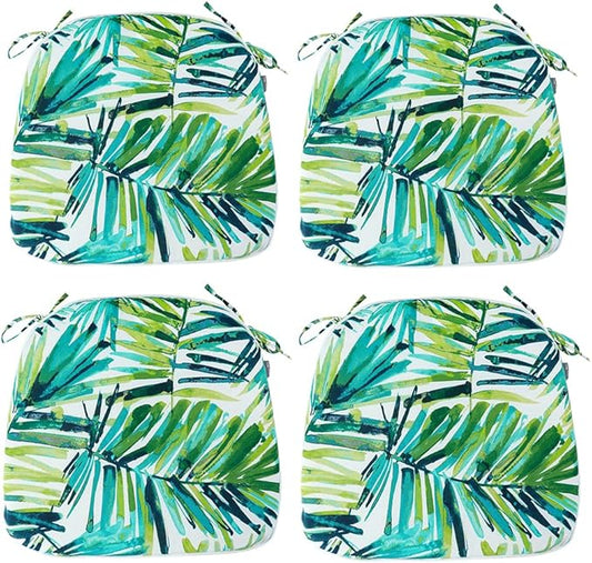 Magpie Fabrics 17"x16"x2" U-Shape Chair Cushions with Ties 4 Count, Outdoor Indoor Waterproof All Weather Seat Pads Decoration for Patio Garden Dining Office - Green Palm Leaves