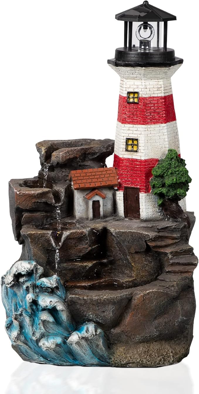 Ferrisland Lighthouse Big Waterfall Fountain Outdoor, Freestanding Relaxing Water Fountain, Garden Backyard Decking Home Nautical Art Decor, Gift Ideas(Red & White, 23" H)