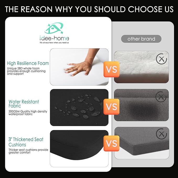 idee-home Outdoor Chair Cushions Set of 2, 17" x 17" x 3" Thick D-Shaped Patio Furniture Outdoor Seat Cushions Waterproof with Ties, Dining Pads