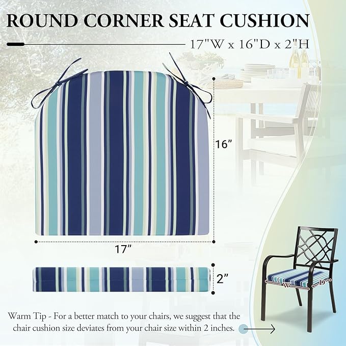 Wellsin Outdoor Chair Cushions for Patio Furniture - Patio Chair Cushions Set of 6 - Water Resistant Round Corner Outdoor Seat Cushions 17"X16"X2", Stripe 02