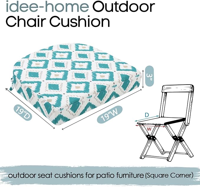 idee-home Outdoor Chair Cushions Set of 2, Thick 19" x 19" x 3" Outdoor Seat Cushions Patio Furniture Waterproof with Ties, Dining Pads