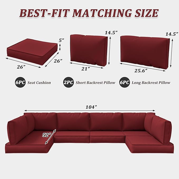 14-Piece Outdoor Cushions for Patio Furniture Thick Outdoor Chair Cushions 5" Foam High-Density Water-Resistant Deep Seat Cushion for 6-Seat Sectional Sets Liner&Cover Burgundy