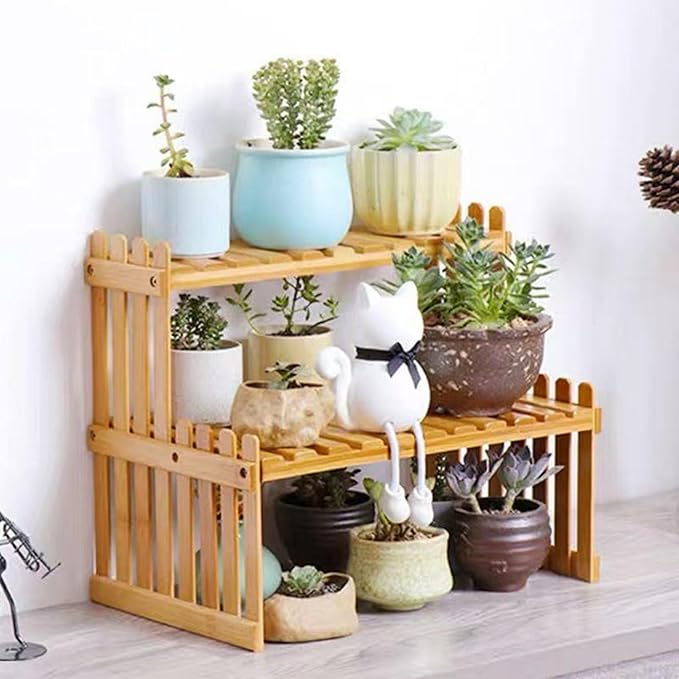 14.6"/10.8"/18.5"/22.8" 2 Tiers Bamboo Plant Stand Shelf,Desk Flower Pot Holder ,Adjustable Desktop Shelf Display Organizer Ladder Rack For Office Decorate Desk Shelving Storage Rack,Kitchen rack