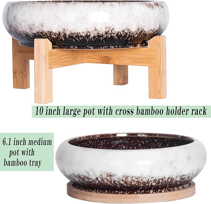 ARTKETTY Succulent Pots with Drainage, Large Succulent Planter with Stand and Saucer Shallow Bonsai Pots Ceramic Cactus Flower Planter Pot for Indoor Plants (7.3 and 10'')