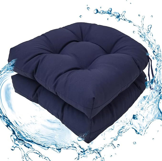 Outdoor Chair Cushions Set, 2 Pcs Seat Cushions with Ties Waterproof Chair Pads, Patio Wicker Tufted Cushions 19"x19"x3.9", Navy