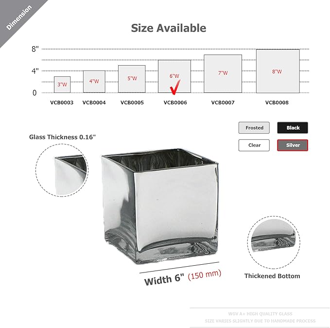 WGV Cube Glass Vase Bulk, Candle Holder, 6"x6"x6", Silver Elegant Floral Accent Container Planter Terrarium Storage for Wedding Party Ceremony Event Office Home Decor, 6 Pieces