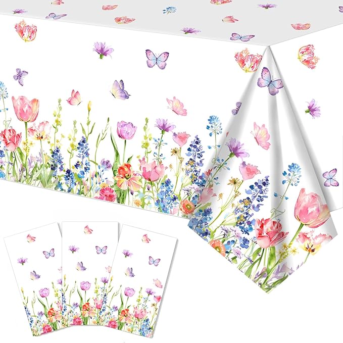 3 Pieces Spring Floral Rectangle Plastic Tablecloth - 54x108 Inch Disposable Wild Flowers Table Cover with Butterflies and Flowers for Garden, Tea Party, Easter, Birthday, and Picnic Decorations