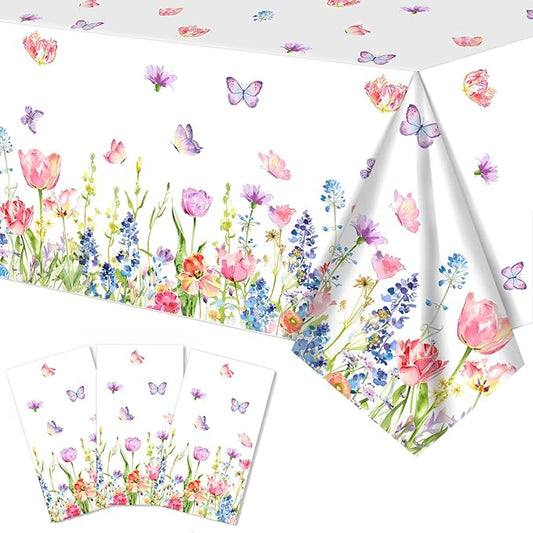 3 Pieces Spring Floral Rectangle Plastic Tablecloth - 54x108 Inch Disposable Wild Flowers Table Cover with Butterflies and Flowers for Garden, Tea Party, Easter, Birthday, and Picnic Decorations