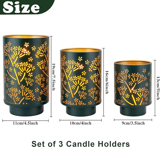 JHY DESIGN Set of 3 Metal Candle Holders 7.5“H Green Hurricane Pillar Candleholder Vintage Table Candlestick Holders Great Centerpieces for Home Decor Wedding Parties Events