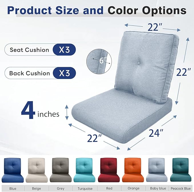 Belord Luxury 4" Thick Outdoor Cushion 3 Set - 22 x24 Inch 28D Sponge Filling Fade-Resistant Chair Cushion, Spill Proof Removable Patio Furniture Replacement Cushions for Sofa Bench Swing - Baby Blue