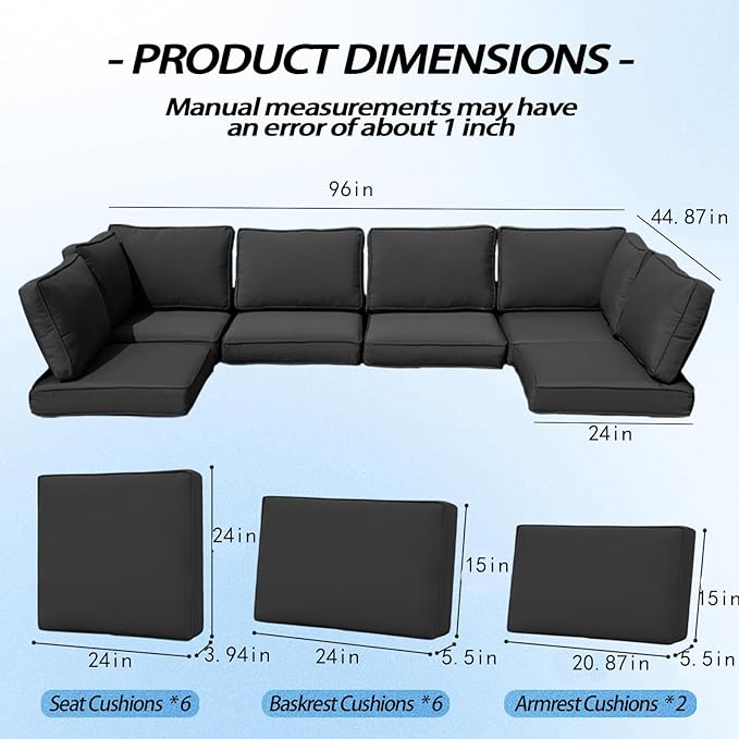 Patio Furniture Cushions,14Pieces Water-Resistant Outdoor Replacement Cushions,Sectional Sofa Cushions for Fits 6-Seats Rattan Wicker Patio Conversation Sets(Black)