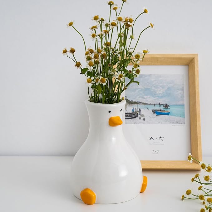 Handcrafted Ceramic Duck Vase - White Modern Flower Vase with Unique Duck Design - Round Aesthetic Table Decor - Funky and Trendy Art Vase