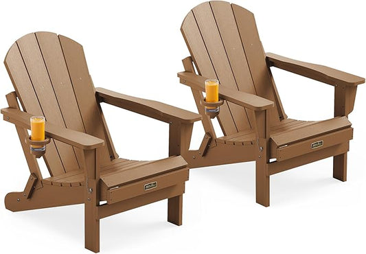 SERWALL Folding Adirondack Chair Set of 2 Outdoor Chairs Painted Adirondack Chair with Cup Holder Weather Resistant for Patio Deck Garden, Backyard Deck, Fire Pit- Brown