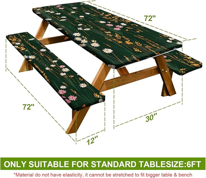 Picnic Table Cover with Bench Covers Set of 3 - Vintage Floral White Flowers on Dark Background, Elastic Fitted Tablecloth for 6 Ft Tables, Washable Polyester Cover for Patio, Indoor & Outdoor