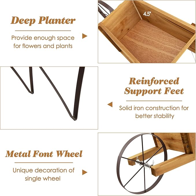 S AFSTAR Wood Wheelbarrow Planter, Flower Plant Pot Cart w/Metal Wheel & 9 Replaceable Magnet Accessories, Wooden Wagon Planter Decor for Outdoor Garden Backyard (Natural)