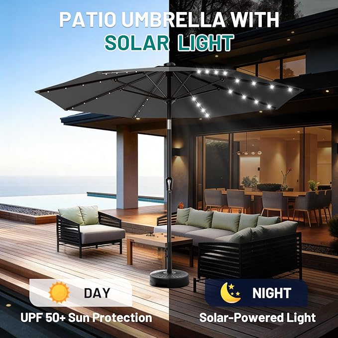 AreShark 9FT Patio Umbrella with Solar Lights, 32 LED Lighted Pool Umbrella w/Tilt and Crank, Outdoor Market Solar Umbrellas for Garden, Deck, Backyard, Pool and Beach, Gray